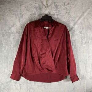 Calvin Klein Women's Blouse Top S Collar Long Sleeve Faux Wrap Satin Red NWT
